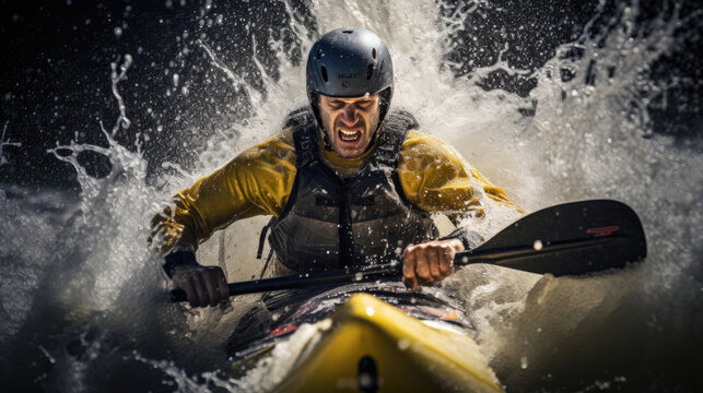 Exciting canoeist tackling whitewater rapids