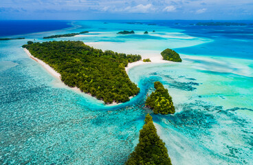 Aerial shot of tropical islands beaches and coral reefs in Palau, Micronesia