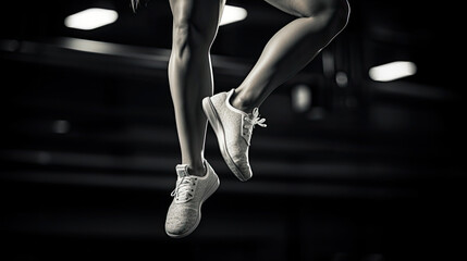 Gymnast's feet execute leaps on floor exercise