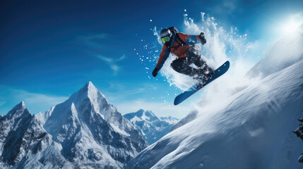 Snowboarder executing a powerful jump with mountain scenery - obrazy, fototapety, plakaty