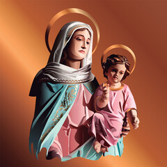 Our Lady, Madonna, Virgin Mary Holding Baby Jesus Catholicism Saint Symbol Image Vector Illustration.