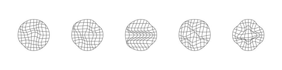 Distorted square grid in circle set. 3d futuristic sphere mesh. Vector