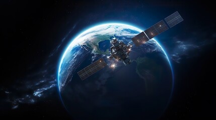 Space satellite with solar panels and antenna orbiting the earth. Global science communication system. A satellite or spaceship or spacecraft in orbit transmits a signal to the blue planet. Digital