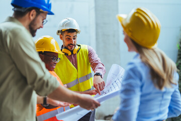 Engineer group and worker meeting, discussion with construction blueprint on site work and point...