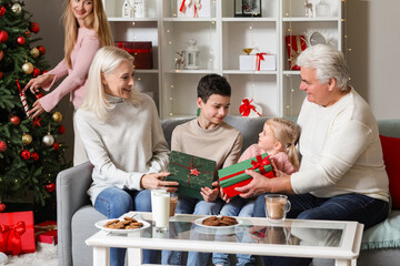 Mature couple giving Christmas presents to their little grandchildren at home