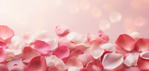 an image of scattered rose petals on a soft, pastel-colored background, creating an atmosphere of romance. 