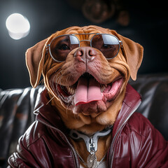stylistic illustration of a Dogue de Bordeaux mastiff dog in various clothing styles and interiors for lovers of the breed and for a positive mood - obrazy, fototapety, plakaty