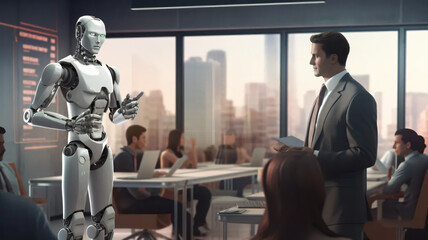 robot leading a business training class in corporate america to teach businessmen new topics and ideas, robot teacher, learning from robots in business