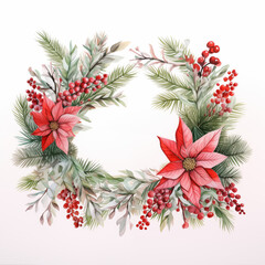 Fototapeta na wymiar Christmas Watercolor Floral Wreath with foliage, flowers and berries