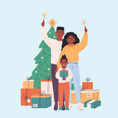 African american family with child celebrating Christmas or New Year. Christmas tree with presents. Vector illustration in flat style 