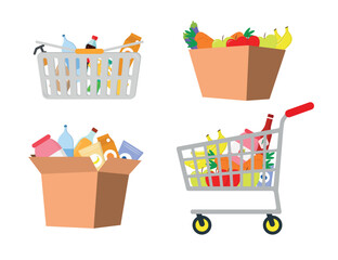 Set of products in different containers in a cartoon style. Vector illustration of various products: drinks, vegetables and fruits in cardboard boxes, grocery baskets and carts on wheels.