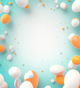 Serene image of pastel-colored eggs floating in a tranquil blue sky with tiny beads scattered, evoking serenity and dreamscape