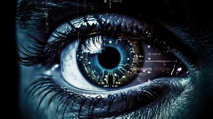 Humanlike robot's eye. Cyber security concept. Innovative future technology for identification, payment and medical health care. Futuristic view.