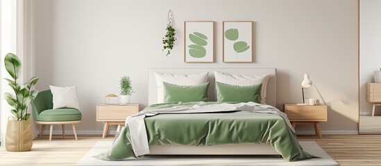 Minimalistic bedroom interior with a stylish poster, cushions, green blanket, and golden furniture.