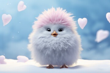 Illustration of fluffy, puffy, cute bird from imagination standing in the snow. Minimal pastel blue background with fluffy pink hearts.