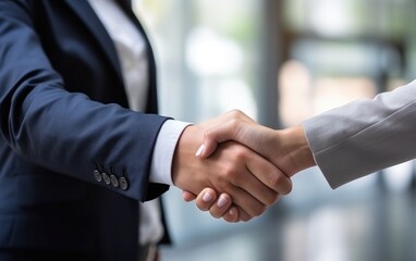 Businessman shaking hands with woman in recruiting for team introduction, greeting or partnership