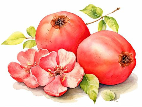 Watercolor Quince Isolated, Aquarelle Red Fruit with Flowers, Creative Watercolor Quince on White