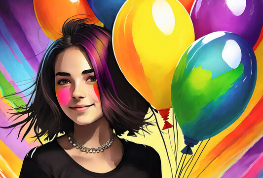 girl with balloons, Rainbow colors, blush on cheeks