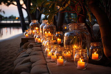A row of glass jars filled with lit candles