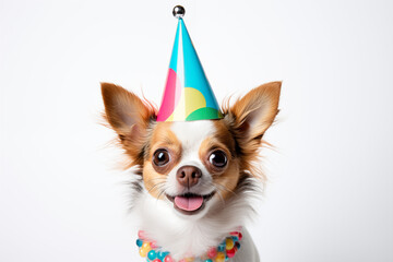 Dog with a party hat on, on a white background