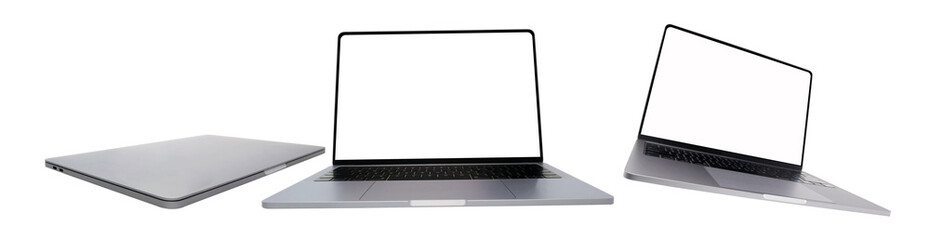 Set of modern laptops front view, flying and close on transparent background png