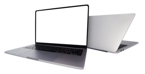 Two opened laptops back to back on transparent background png