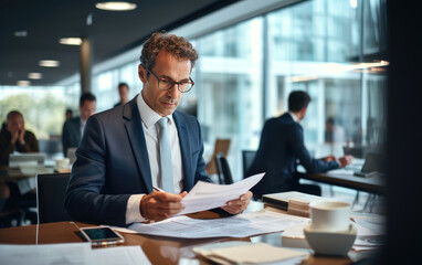 Busy businessman investor checking bank document at office team meeting