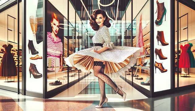 Pin up &eacute;l&eacute;gante style r&eacute;tro, robe et talons hauts, jambes avec des bas, mode vintage glamour des ann&eacute;es 50