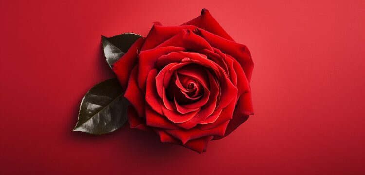Craft an image highlighting the beauty of a red rose from above, set against an isolated red background.