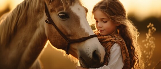 Beautiful little girl with cute clothes is hugging and caring a horse