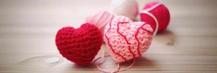 knitted crocheted pink and red hearts and yarn balls.