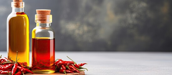 Homemade remedy for hair loss: small glass bottle of chili pepper oil. Natural solution for baldness and alopecia, DIY spa recipe.