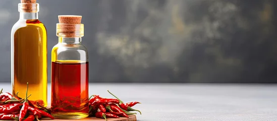 Fotobehang Homemade remedy for hair loss: small glass bottle of chili pepper oil. Natural solution for baldness and alopecia, DIY spa recipe. © 2rogan