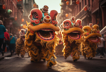 Chinese yellow lions in a street at chinese new year