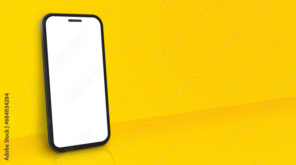 Aufkleber mobile phone mockup with perspective view on yellow background. blank smartphone screen includes cli