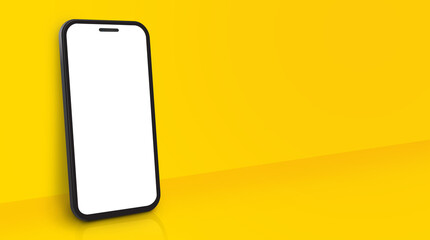 Mobile phone mockup with perspective view on yellow background. Blank smartphone screen includes clipping path for easy editing. - obrazy, fototapety, plakaty