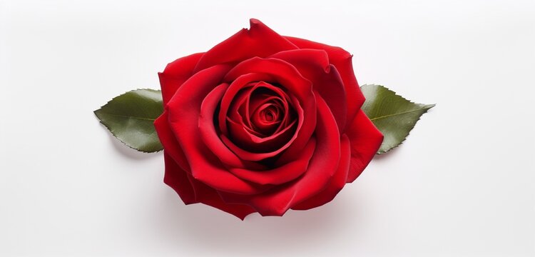 Create a moment of splendor with a realistic top-view image of a captivating red rose isolated on a white background, allowing for text or graphics.