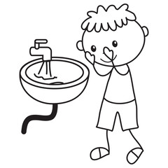 Stick figure boy washing up