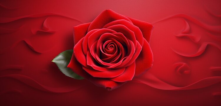 Create a realistic top-view image of a captivating red rose on an isolated red background.