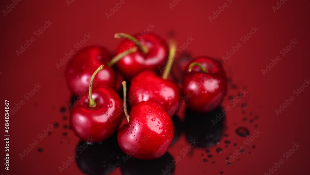 Canvas Prints Cherries on red background. Fresh ripe Cherry berries with water drops close-up. Rotating Organic red cherries. Heap of juicy organic Berries, vegan food. Top view 