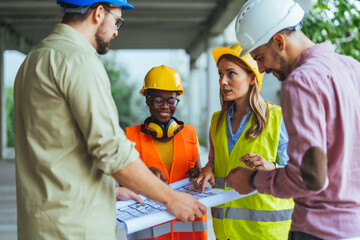 Diverse Team of Specialists Inspect Commercial, Industrial Building Construction Site. Real Estate...