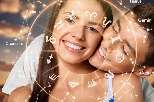 Concept of love, happy couple and zodiac signs