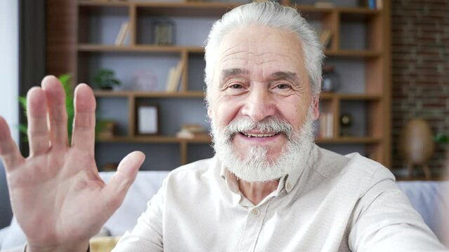 POV Elderly senior gray haired man talking on a video call taking a selfie using a smartphone sitting on sofa in living room at home. Smiling positive bearded adult mature grandfather has online chat