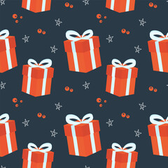 Seamless pattern, beautiful gift boxes with ribbons on a blue background. Christmas print, holiday textile