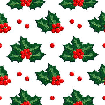Seamless pattern, Christmas holly with berries on a white background. Print, background, vector