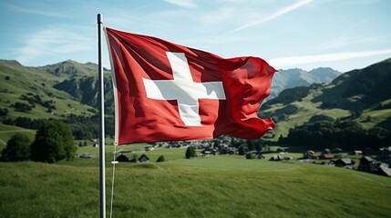 Stunning panoramic view of the swiss flag flying proudly in front of majestic snow capped mountains