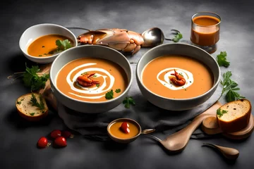Fotobehang an elegant image of a lobster bisque soup served in a delicate bowl, garnished with a drizzle of sherry  © Malik