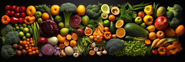 Assorted fresh vegetables and fruits on dark background, top view flat lay composition - obrazy, fototapety, plakaty