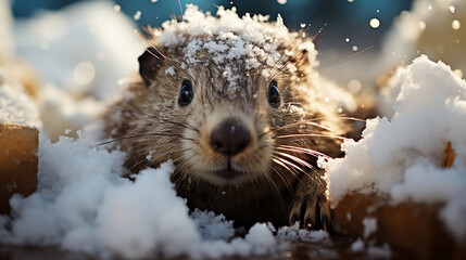 Groundhog covered in snow. Happy Groundhog day - obrazy, fototapety, plakaty