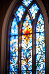 Stained glass window with light streaming through, creating a spiritual atmosphere